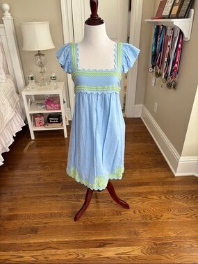 Light Blue Mini Dress with Lime Trim - Women Dresses Mini